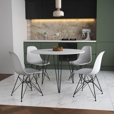 Mesa Jantar Redonda 110Cm Branca Clips 3 Pés Com 4 Cadeiras Brancas Ferro Preto - Cor: Branco