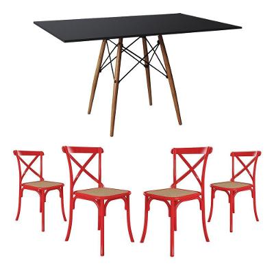 Conjunto De Mesa Eiffel Retangular Tampo De Madeira 120X75Cm Preto Com 4 Cadeiras Katrina Vermelha A
