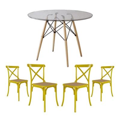 Conjunto De Mesa Eiffel Redondo Tampo De Vidro 110Cm Com 4 Cadeiras Katrina Amarela Assento Bege