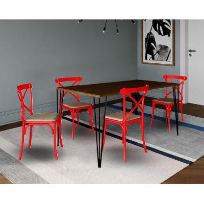 Jogo De Mesa Elen Retangular Tampo De Madeira 140X80Cm Amêndoa Com 4 Cadeiras Katrina Vermelha