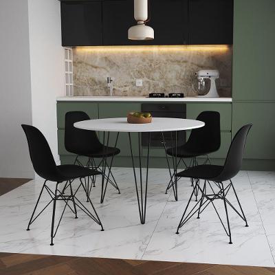 Mesa Jantar Redonda 110Cm Branca Clips 3 Pés Com 4 Cadeiras Pretas Ferro Preto - Cor: Branco