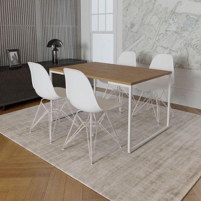 Mesa Industrial Base Ferro Branco Tampo 137X90 Amêndoa 4 Cadeiras Ferro Branco Assento Branco Marrom