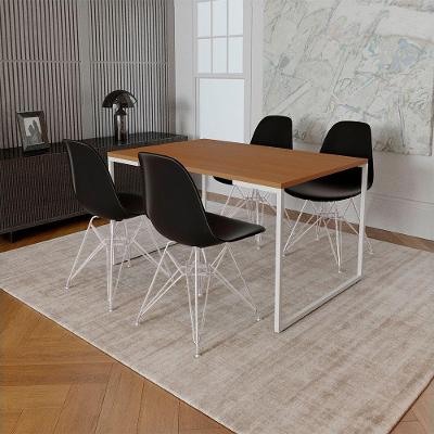 Mesa Industrial Base Ferro Branco Tampo 137X90 Canela 4 Cadeiras Ferro Branco Assento Preto Marrom