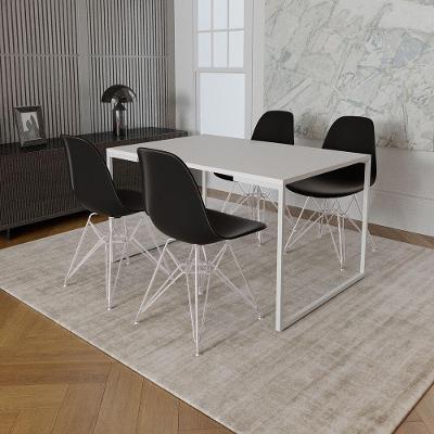 Mesa Industrial Base Ferro Branco Tampo 137X90 Branco 4 Cadeiras Ferro Branco Assento Preto Branco