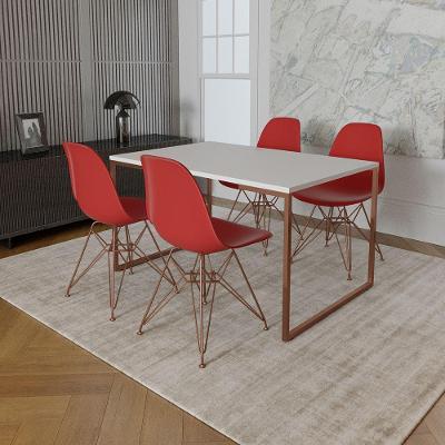 Mesa Industrial Base Ferro Cobre Tampo 137X90 Branco 4 Cadeiras Ferro Cobre Assento Vermelho Branco