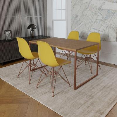 Mesa Industrial Base Ferro Cobre Tampo 137X90 Amêndoa 4 Cadeiras Ferro Cobre Assento Amarelo Marrom
