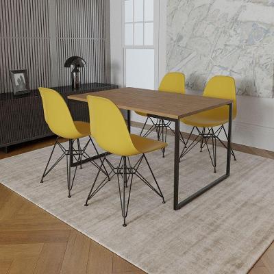 Mesa Industrial Base Ferro Preto Tampo 137X90 Amêndoa 4 Cadeiras Ferro Preto Assento Amarelo Marrom