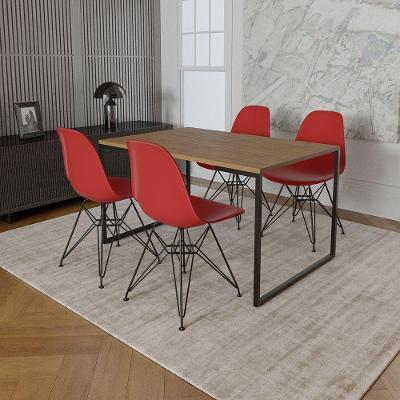 Mesa Industrial Base Ferro Preto Tampo 137X90 Amêndoa 4 Cadeiras Ferro Preto Assento Vermelho Marrom