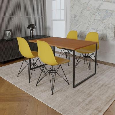 Mesa Industrial Base Ferro Preto Tampo 137X90 Canela 4 Cadeiras Ferro Preto Assento Amarelo Marrom