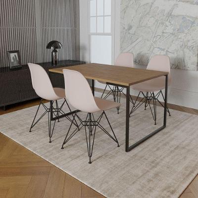 Mesa Industrial Base Ferro Preto Tampo 137X90 Amêndoa 4 Cadeiras Ferro Preto Assento Branco Marrom