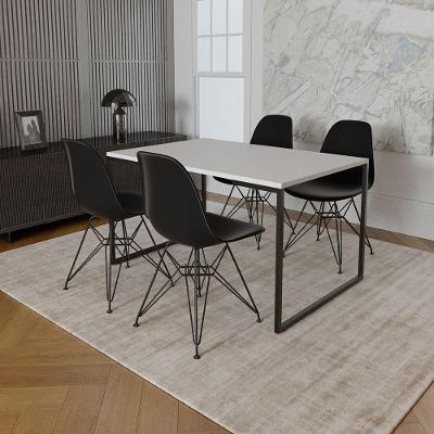 Mesa Industrial Base Ferro Preto Tampo 137X90 Branco 4 Cadeiras Ferro Preto Assento Preto Branco