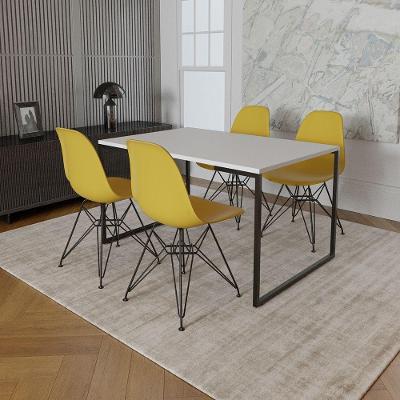 Mesa Industrial Base Ferro Preto Tampo 137X90 Branco 4 Cadeiras Ferro Preto Assento Amarelo Branco