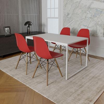 Mesa Industrial Base Ferro Branco Tampo 137X90 Branco 4 Cadeiras Madeira Assento Vermelho