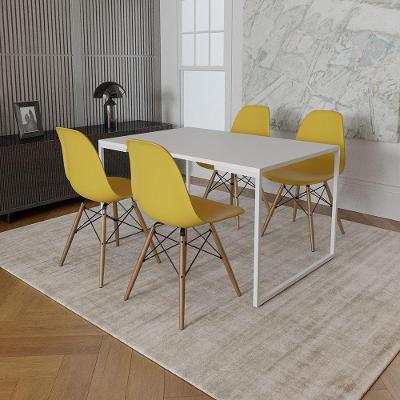 Mesa Industrial Base Ferro Branco Tampo 137X90 Branco 4 Cadeiras Madeira Assento Amarelo