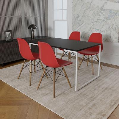 Mesa Industrial Base Ferro Branco Tampo 137X90 Preto 4 Cadeiras Madeira Assento Vermelho Preto