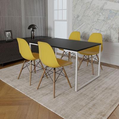 Mesa Industrial Base Ferro Branco Tampo 137X90 Preto 4 Cadeiras Madeira Assento Amarelo Preto