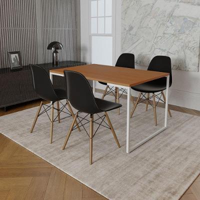 Mesa Industrial Base Ferro Branco Tampo 137X90 Canela 4 Cadeiras Madeira Assento Preto Marrom