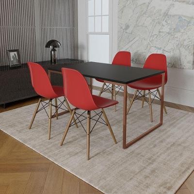 Mesa Industrial Base Ferro Cobre Tampo 137X90 Preto 4 Cadeiras Madeira Assento Vermelho Preto