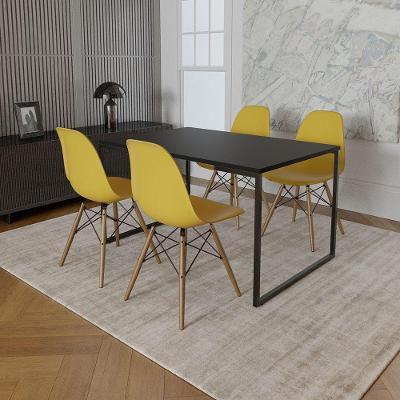 Mesa Industrial Base De Ferro Preto Tampo 137X90 Preto 4 Cadeiras Madeira Assento Amarelo Preto
