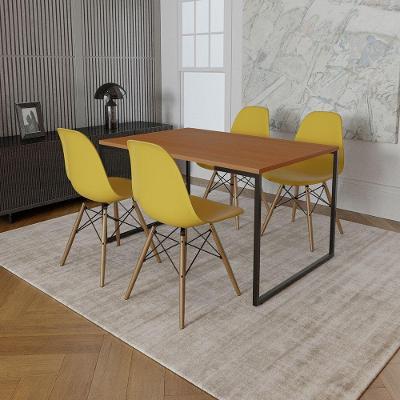 Mesa Industrial Base De Ferro Preto Tampo 137X90 Canela 4 Cadeiras Madeira Assento Amarelo Marrom