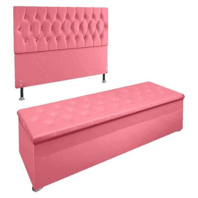 Kit Cabeceira e Calçadeira Baú Casal 1,40m Suede Rosa