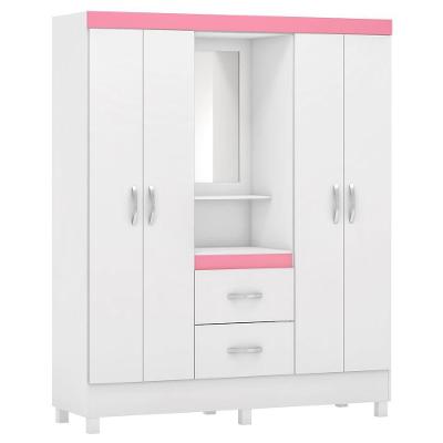 Guarda Roupa 4 Portas Com Pés E Espelho Lord Branco Rosa