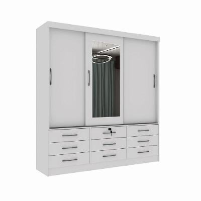 Guarda Roupa Chicago 3 Portas 9 Gavetas Com Espelho branco