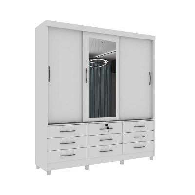 Guarda Roupa 3 Portas 9 Gavetas Com Espelho E Pés branco
