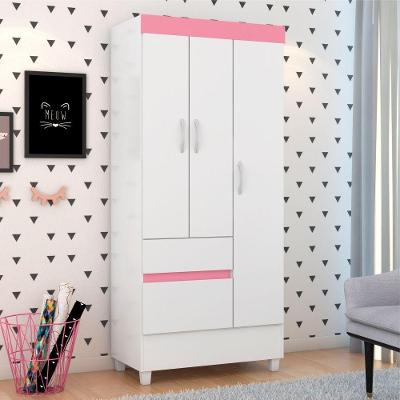 Guarda Roupa 3 Portas Fabi Branco Rosa