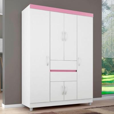 Guarda Roupa 6p Dresden Branco/rosa/branco
