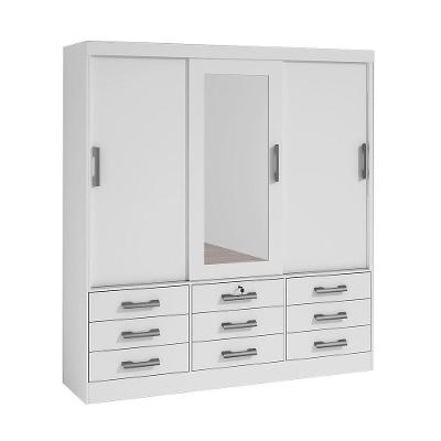 Guarda-Roupas 3 Portas 9 Gavetas Com Espelho Meridian Branco
