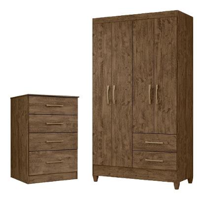 Kit Guarda Roupa Solteiro Chile E Cômoda Ms - Castanho Wood Castanho Wood