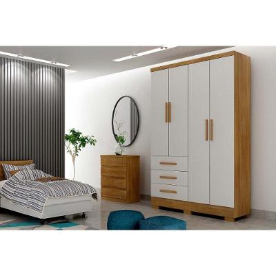 Guarda Roupa Solteiro Encant 4 Portas 3 Gavetas c/Espelho e Pés Freijo Cumaru c/ Fendi - Novo Horizonte