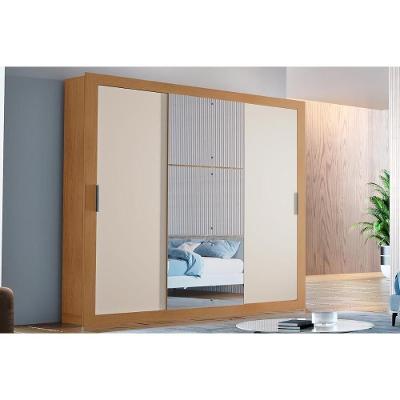 Guarda Roupa 3 Portas de Correr e 4 Gavetas c/ Espelho Veneza Luxo Naturale/Off White - Rufato