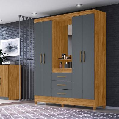 Guarda Roupa Casal 4 Portas Com Espelho 3 Gavetas Capri - Freijo / Cinza Freijo / Cinza