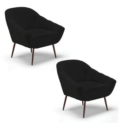 Kit 02 Poltronas Linho Preto A79 Pés Palito Ferro