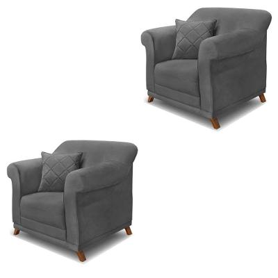 Kit 2 Poltronas Decorativas C/2 Almofadas Suede Cinza