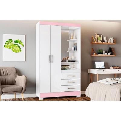 Guarda Roupa Solteiro 2 Portas e 3 Gavetas c/ Espelho Briz B64 Branco/Rosa - Henn