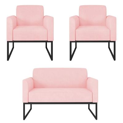 Kit Namoradeira E 2 Poltronas Preta Suede Rosa Bebê