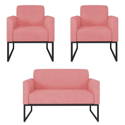 Kit Namoradeira E 2 Poltronas Preta Suede Rosê