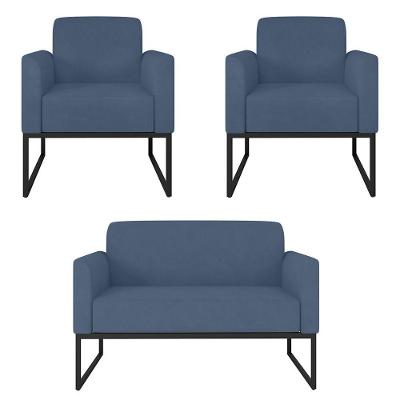 Kit Namoradeira E 2 Poltronas Preta Suede Azul Marinho