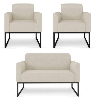 Kit Namoradeira E 2 Poltronas Preta Linho Grosso Bege