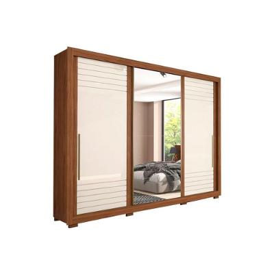 Guarda Roupa Casal 3 Portas de Correr e 6 Gavetas c/ Espelho e Pés Vitória Avelã/Off White - Panan
