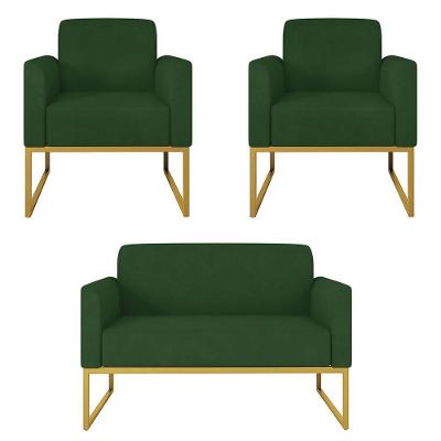 Kit Namoradeira E 2 Poltronas Dourada Suede Verde
