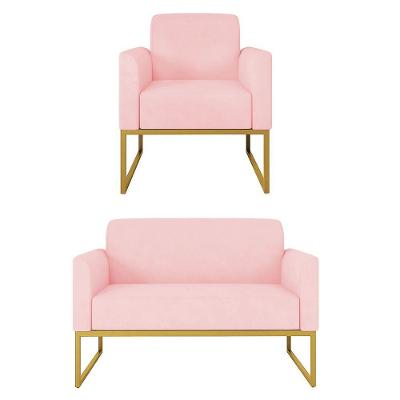 Kit Namoradeira E 1 Poltrona Dourada S19 Suede Rosa Bebê