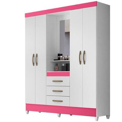 Guarda Roupa 4 Portas Com Espelho 8314 Branco Rosa Moval Branco Rosa