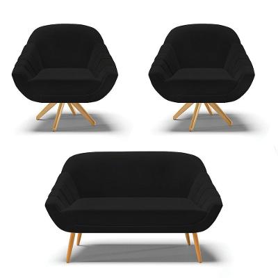 Kit 1 Namoradeira E 2 Poltronas Giratória Linho A79 Preto