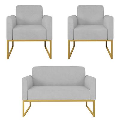Kit Namoradeira E 2 Poltronas Dourada Suede Cinza