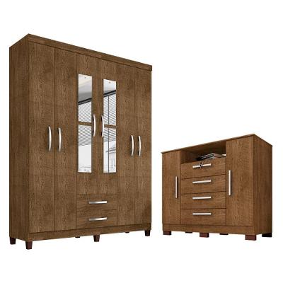 Kit Guarda Roupa Casal 6 Portas 2 Gavetas Com Espelho E Cômoda Rack 2 Portas 4 Gavetas Malbec