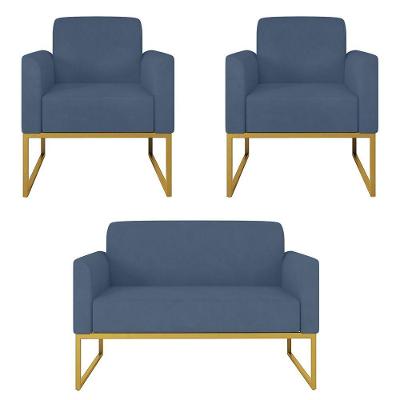 Kit Namoradeira E 2 Poltronas Base Dourada Azul Marinho